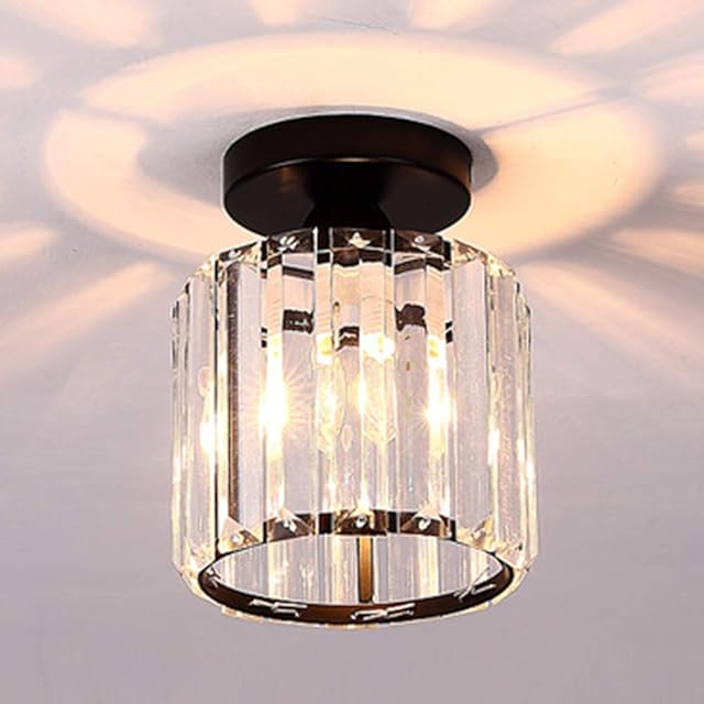 Crystal Ceiling Light, Crystal Chandelier Metal Modern LED Ceiling Light Pendant Fixture Lighting E27 Mini Chandelier Semi Flush Mount for Kitchen Dining Room Bedroom Hallway Bedroom (Black round)