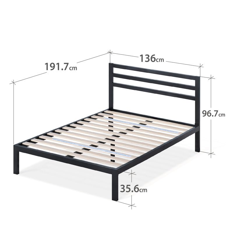 Image of Metal Bed Frame (or Minimalist Platform Bed with Slatted Headboard) Matte Black Metal Frame with Horizontal Slatted Headboard