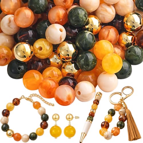 100Pcs Autumn Acrylic Beads Kit 14mm Large Chunky Bubblegum Beads for Pens & Jewelry Making Round Focal Beads with Gold Spacers for DIY Bracelets Keychains Crafts(Fall)
