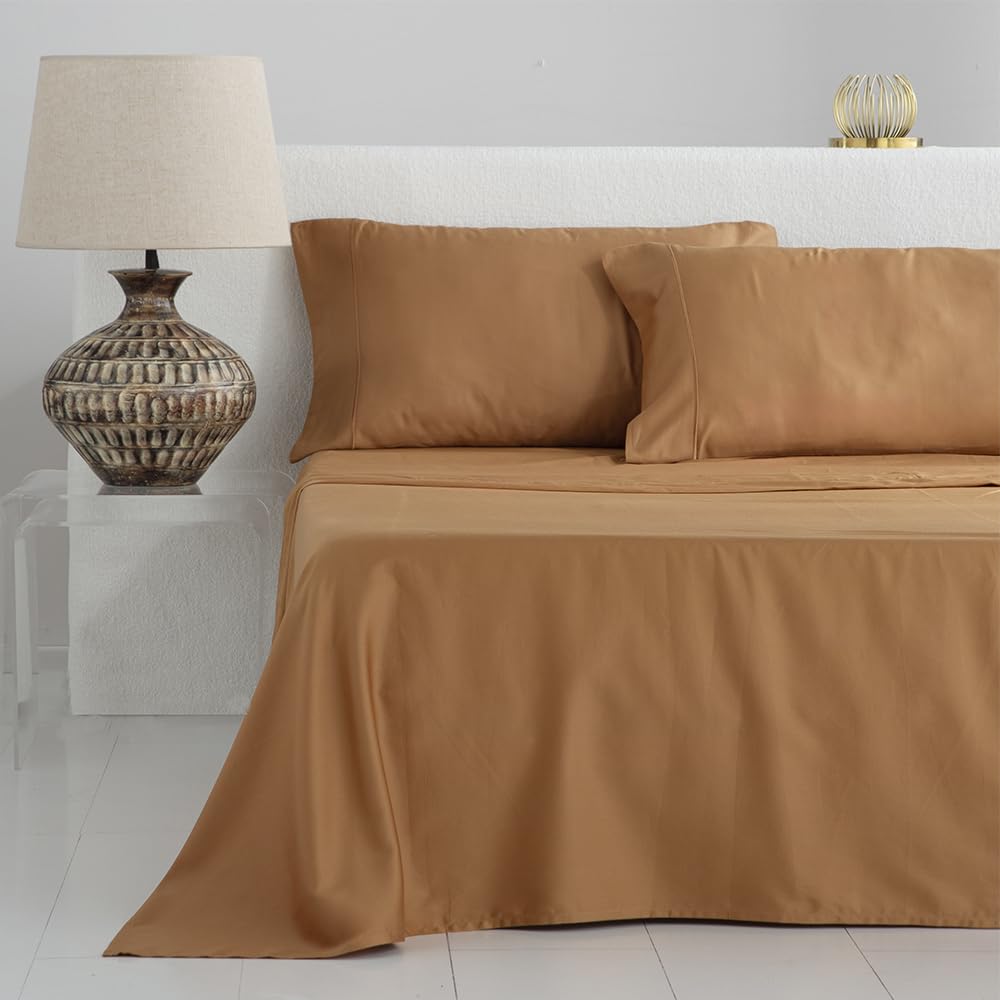 COTTON ARTean Parure De Lit Satin 100% Coton 200 Fils 160x190/200 – Beige – Drap Plat + Housse + 2 Taies – Doux & Élégant