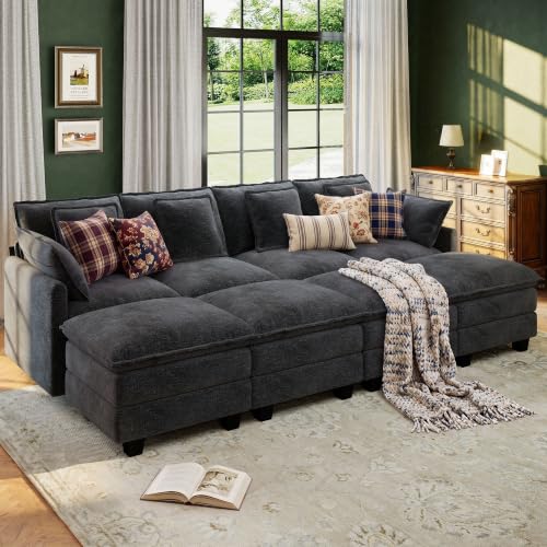 Image of 107 inch Cloud Couch Sectional Modular Sofa, Deep Seat Couches with Ottoman and Removable Washable Pillows for Living Room, Bedroom, Apartment, Black