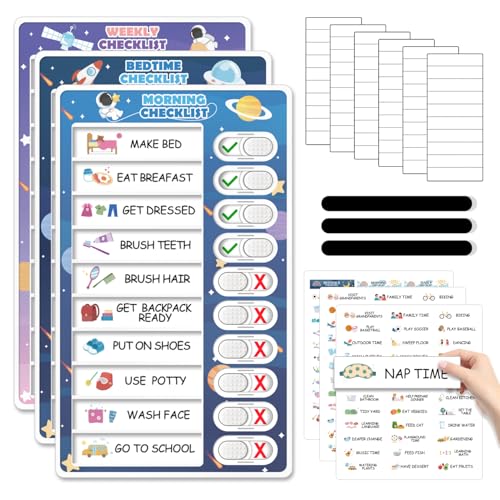 Image of 3 in 1 Bedtime /Morning /Weekly Astronaut Routine Chart for Kids, Magnetic Chore Chart for Toddlers, Visual Schedule for Kids Toddlers Schedule Board for Home