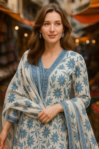 Image of Yashika Women's Cotton Blend Printed Kurta with Pant & Dupatta| Kurta with Pants and Dupatta Set