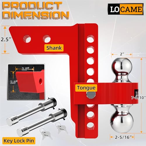 LOCAME Adjustable Trailer Hitch, Fits 2.5-Inch Receiver Only, 8-Inch Drop/Rise Aluminum Drop Hitch,18,500 LBS GTW-Tow Hitch for Heavy Duty Truck with Double Stainless Steel Locks, Red, LC0015 by LOCAME - Used condition - Image 8