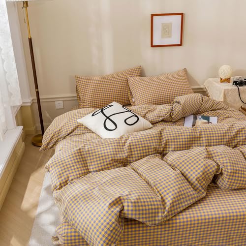Image of LifeTB Gingham Comforter Set Full Modern Style Purple Yellow Grid Plaid Comforter Set Soft Fluffy Checkered Pattern Comforter with 2 Pillowcases Farmhouse Gingham Grid Bedding Comforter Breathable