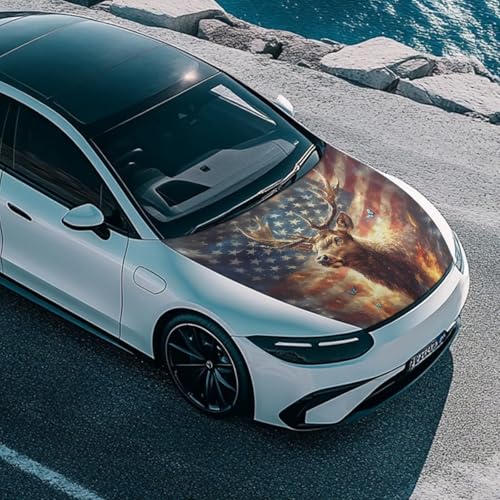 Image of 39x59 Inch American Flag Deer Design Cover for Car Hood, Elastic Polyester Waterproof Car Hood Cover Universal Car Exterior Accessories Easy Install for Car Hood Protection