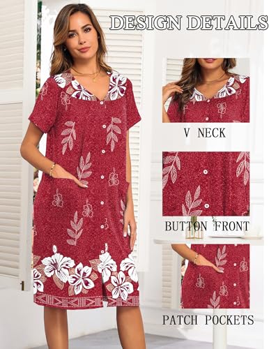Image of Ekouaer House Dresses for Women with Pockets Button Down Nightgowns Plus Size Moo Moos Mumu Dresses Floral Print S-3XL