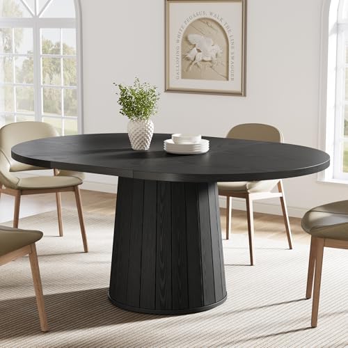Tribesigns Oval Dining Table for 6 People, 55.11-Inch Farmhouse Kitchen Dinner Table with Cylindrical Pedestal (All Black)