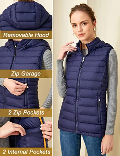 Women Lightweight Down Puffer Vest, Women Packable Down Puffy Outwear Vest With Removable Hood And Zip Pockets (Navy,S) #TOP5