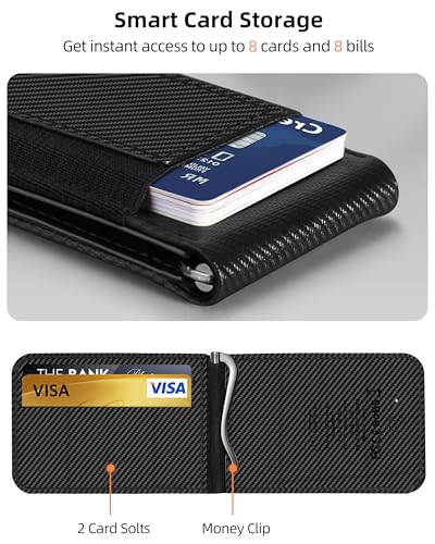 Image of ExtreLife MagSafe Wallet with Money Clip, Work with Apple Find My, Magnetic Phone Wallet Stand for iPhone 17 /16 /15 /14 /13 /12 Series, 8 Card Holder, RFID Blocking, Rechargeable, Carbon Fiber Black