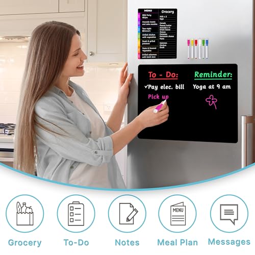 Magnetic Blackboard for Fridge - Dry Erase Black Board for Home, Office & Classroom (11.5" x15”), Menu Board for Kitchen Fridge - Family Meal Planner (7" x9”) - 6 Fine Tip Magnetic Markers & Eraser - Thumbnail 3
