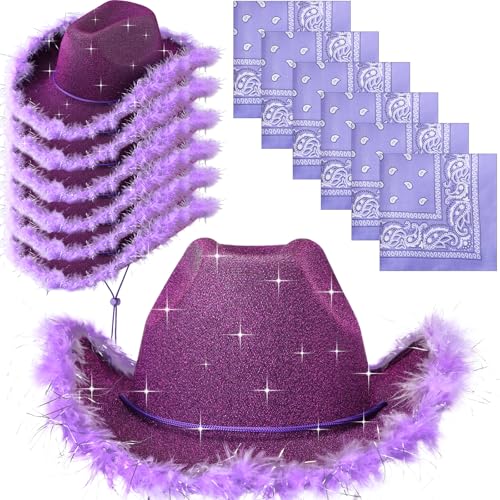 Image of Coume 12 Pcs Sparkly Adults Cowboy Hat and Bandanas Women Men Western Glitter Cowgirl Party Hats with Adjustable Drawstring