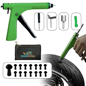 GRAND PITSTOP Tubeless Tire Gun Puncture Repair Kit with Mushroom Plug for Tyre Punctures and Flats on Cars, Motorcycles, ATV, Trucks & Tractors (Gun Puncture kit 15 Plugs, Green)