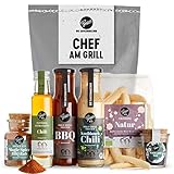 Gepp's Feinkost ,,Chef am Grill“ Geschenkkorb für Männer I Köstliches Grill-Geschenk mit 2 x Grillsaucen, Chili-Öl, Magic Spice Rub, Black Lava Salz & Grissini I Geschenkidee zum Grillen