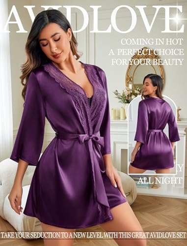 Image of Avidlove Women's Kimono Robe Short Satin Pure Short Silky Robes