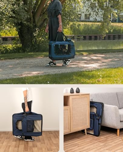 lionto Hundetransportbox faltbar für Reise & Auto, 50x34x36 cm, stabile Transportbox mit Tragegriffen & Decke für Katzen & Hunde bis 10 kg, robuste Hundebox aus Stoff für klein & groß, dunkelblau
