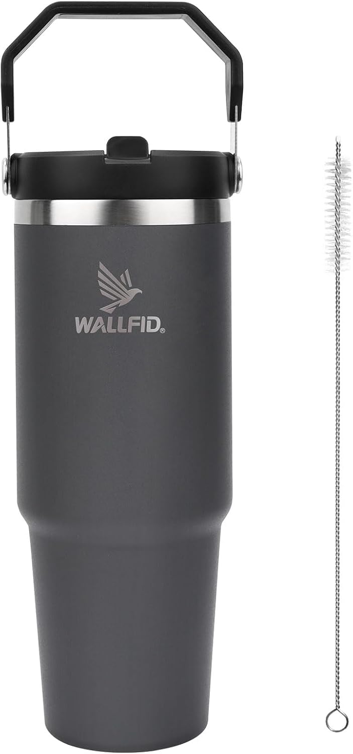 WALLFID 30oz Thermobecher Geschirrspüler Safe, Flip Stroh Wasserflasche mit Stroh und Stroh Bürste, Edelstahl Wasser Cup Reise Becher BPA-frei (Grau Schwarz)