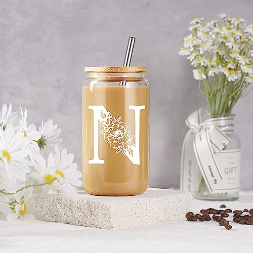 Image of Coolife Initial Glass Cup, Monogrammed Gifts for Women, 16 oz Tumbler w /Lid