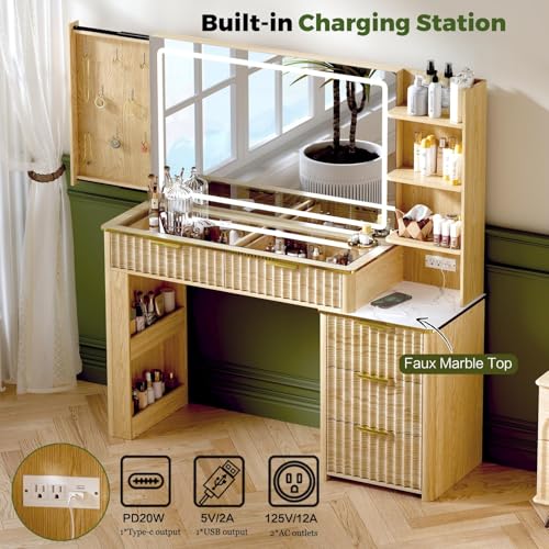 Image of 51 inch Vanity Desk with Power Outlet, Makeup Vanity with Mirror and Lights, 3 Lighting Modes, Vanity Table with Glass Top, 5 Drawers, and Jewelry Storage,Oak-01