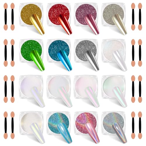 SIUSIO 16 Jars Chrome Nail Powder Nail Art Glitter Decoration Metallic Mirror Effect Holographic Aurora Pearl Mermaid White Pigment Powder Kit for Resin Craft Nail Art - Aurora Phantom