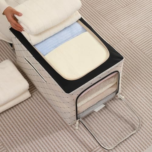 Image of HOKIPO Clothes Storage Box, 600D Oxford Fabric Organiser for Wardrobe, Ivory Noir - Extra Large Pack of 2 (AR-6490-BLK*2)