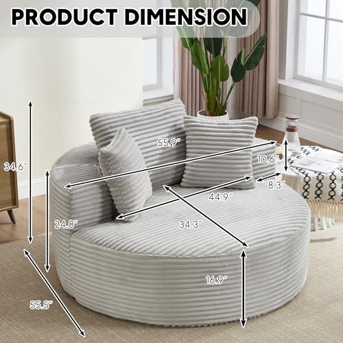 Image of Oversized Round Chair Lounge Chaise Indoor, 55.5 inch Upholstered Corduroy Deep Seat Single Cloud Sofa Chair, Fluffy Modern Large Circle Boneless Sleeper Sofa for Living Room, Bedroom, Grey