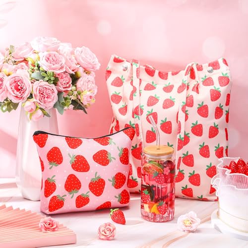 Strawberry Gift Set, Included 16oz Glass Cups with Lids and Straws Waterproof Travel Bag Pouch Strawberry Makeup Bag and Corduroy Tote for Women Christmas Birthday Mothers Day4