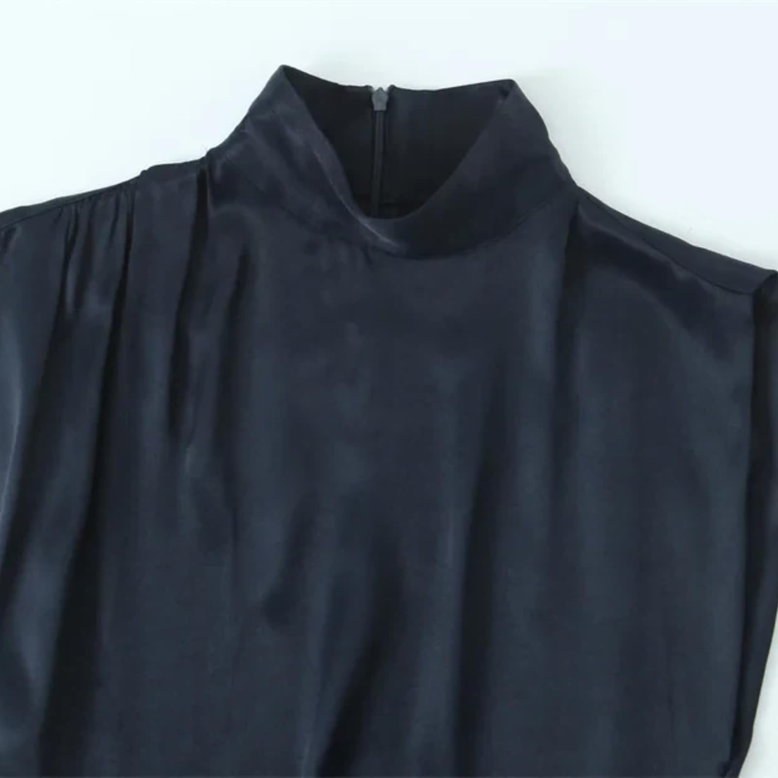 Vestido de Mujer Vestido Mini de Satén Azul Invierno Azul Invernal, Cuello semialto y Encaje Mini Vestido