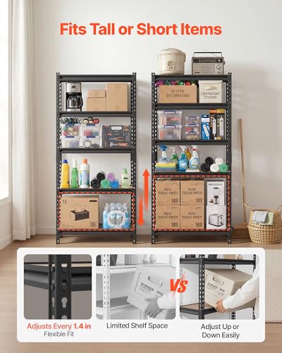 Image of VEVOR Storage Shelves, 5-Tier Adjustable, 2000 lbs Capacity, Heavy Duty Garage Storage Shelving Unit, Metal Utility Rack Shelf, for Kitchen Pantry Basement Bathroom, 28.35 inch W x 12.17 inch D x 59.84 inch H