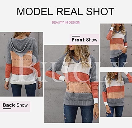 Shewin Womens Striped Color Block Lightweight Knit Hooded Sweater Casual Long Sleeve V Neck Drawstring Hoodies Pullover Sweatshirt Fall Outfits For Women,Us 16-18(Xl),Grey #TOP2