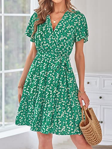 Zesica Women's 2023 Summer Wrap V Neck Bohemian Floral Print Ruffle Swing A Line Beach Mini Dress,Hollygreen,Large #TOP6
