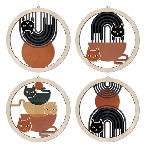 HPNIUB Boho Black Cat Wall Decor, Farmhouse line Geometric Coffee Tea Hanging Wooden Wall Art, 4 Pieces 10''x10'' Mid Century Abstract Sun Wood Sign for Nursery Bedroom Decoration, Lovely Cat Gifts