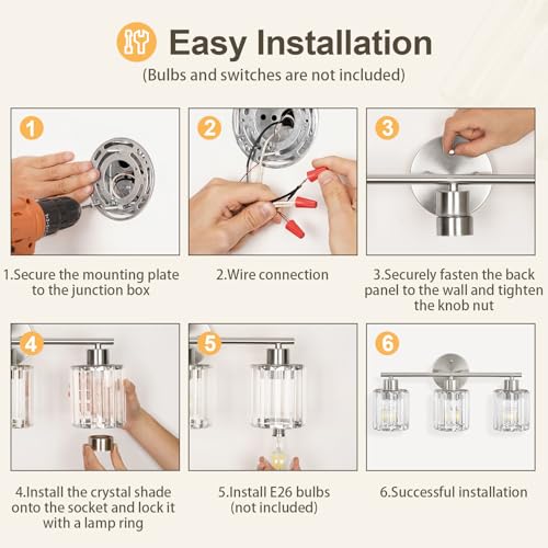 Image of Modern Brushed Nickel Crystal Bathroom Light Fixtures,3-Light