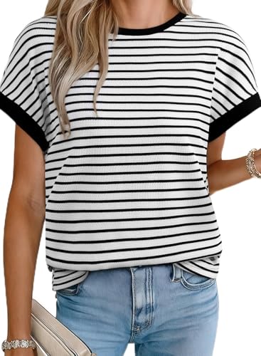 Acelitt Women’s Short Sleeve Knit Tops 2026 Trendy Crewneck Striped T Shirts Casual Summer Blouses Outfits Black Medium