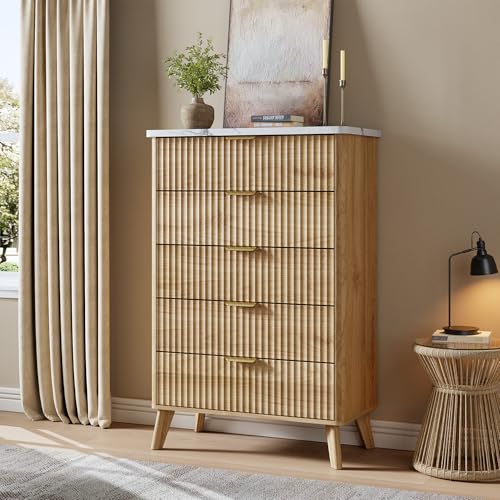 Fluted Dresser for Bedroom with 5 Deep Drawers, 47.2 in Tall Chest of Drawers with Faux Marble Top, Curved Profile Design, Modern Wooden Dresser, for