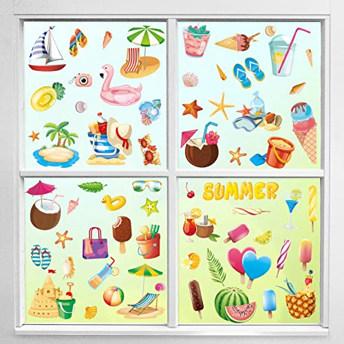 Autocollants Fenêtre Été, 134 Pièces Plage Fruits Glace Stickers Vitre Statique Verre Autocollant DIY Été Decor pour Chambre d'enfant Fête Maison Fenêtres Portes Verre Boutique École – vue 3
