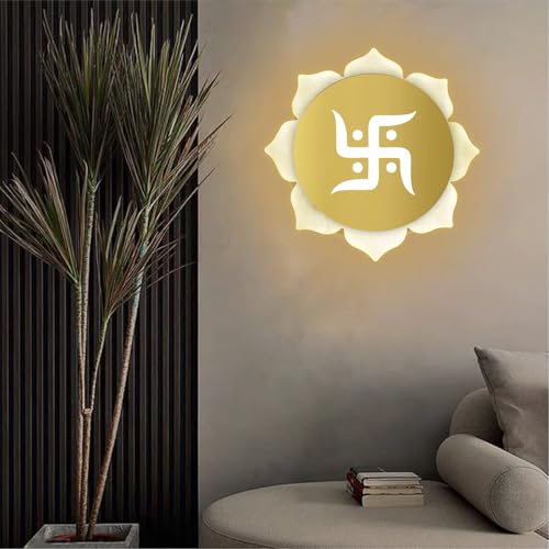 Image of Metal, Acrylic Flower - Shaped Swastik Wall Light, Dual L.E.D. Light (White & Warm White),Decorative Light for Home Decor,Ideal for Pooja Room, Bedroom, Living Room, Temple, Home & Office