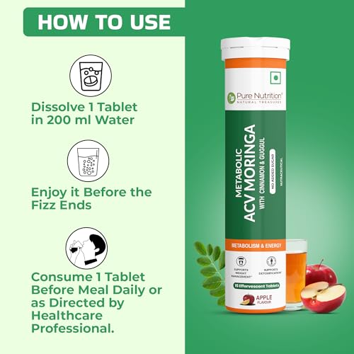 Image of Pure Nutrition ACV Apple Cider Vinegar Tablets | Control Craving | ACV Moringa for Weight Loss & Detox with Cinnamon, Wheat Grass & Spirulina for Enhanced Wellness | Rich in Antioxidants | Supports Weight Management, Detoxification & Immunity - 15 Effervescent Tablets