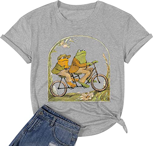 Frog Shirt for Women Classic Book T-Shirt Vintage Graphic Tee Tops Book Lovers Shirt Funny Teacher Shirt (S, Gray)