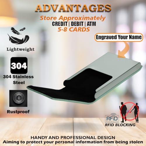 Image of Engraved Your Name Customized On Vertical Card Holder -Luxurious Unisex Design-RFID Blocking Stainless Steel 1 x 10 x 6 cm for Credit|Debit|ATM|Business Visiting Corporate Gift (Green-lit)