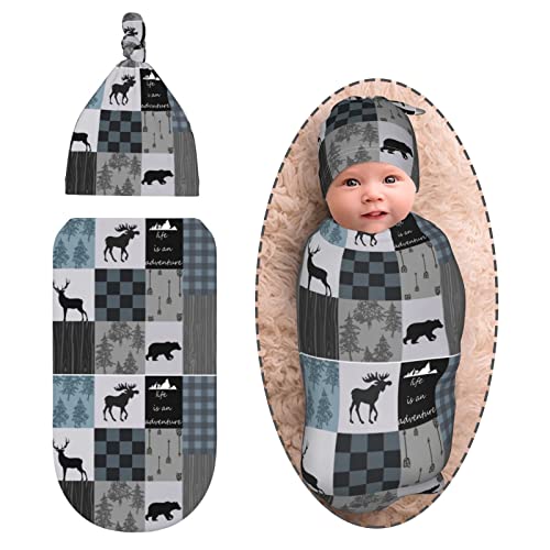 Image of Socira Rustic Lodge Newborn Swaddle Blanket With Matching Beanie Hat Set Retro Bear Deer Moose,Soft Warm Receiving Wrap,Stretchy Baby Blanket For Boy And Girl,Shower Gifts Swaddlers For Infant