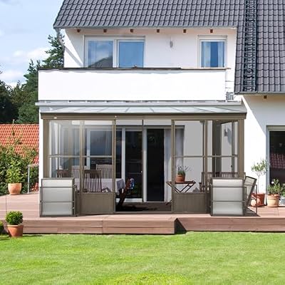 Domi 10x12FT Wall Mounted Sunroom Gazebo, Aluminum Enclosed Gazebo with 2 Lockable Sliding Doors,Sloping Polycarbonate Roof&Moveable PVC Screen, Outdoor Sun Room Lean to Gazebo for Deck Patio