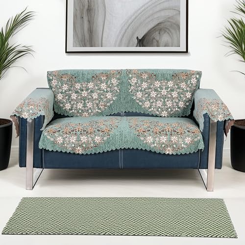 Image of Premium Chenille Woven Anti-Slip 2 Seater Sofa Cover with Arm Rest | L-Shape Sofa Seat Protector for Living Room | Durable & Stylish Slipcover - Teal Phoolkari