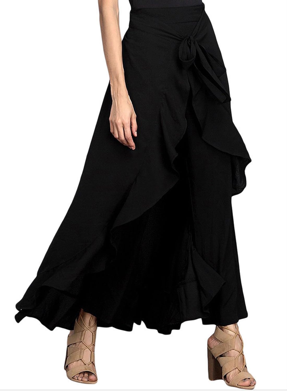 Women's Dressy Wide Leg Slacks Palazzo Pants Solid Belted Tie Knot Ruffle Skirts Relaxed Cocktail Party Dress Pants