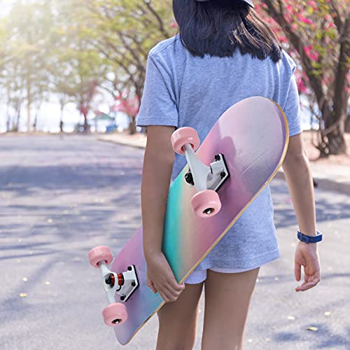 Foto von ILAHUI Skateboard für Jugendliche, Mädchen, Kinder, Erwachsene, Anfänger, 7 Schichten aus Ahornholz, Tablett, 80 x 20 cm, Tasche, Skateboard, Regenbogenpulver