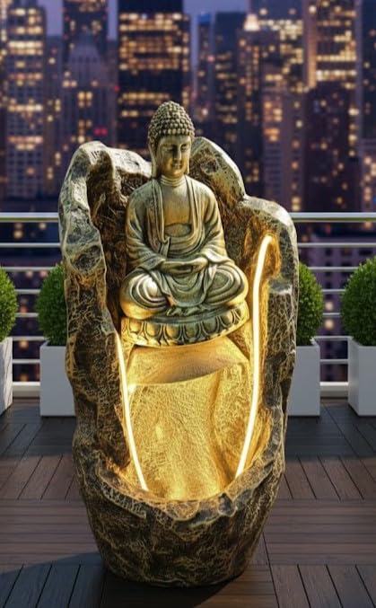 Image of 2.3feet Buddha Water Fountain with LED Lights | Indoor Outdoor Decorative Showpiece for Home, Office, Temple & Garden Decor(Golden)