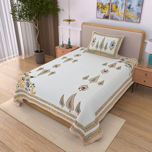 Image of 100% Cotton Single Bedsheet with 1 Pillow Cover | 240 TC Pure Cotton Flat Bed Sheet | Traditional Jaipuri Printed Bedding Set | Soft & Breathable | 60 x 90 Inch (Rangmahal Single 49)