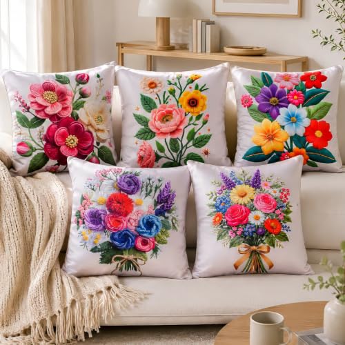 Image of Decorative Satin Sofa Cushion Covers Set of 5, 24 Inch x 24 Inch, Sofa Cushion Cover, Multicolor, Floral Design, Embroidery-Effect HD Digital Print, Zipper Closure (Springtime, 24X24 Inches)