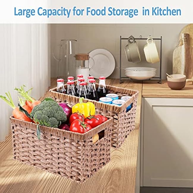 Wicker Baskets 2 Pack, Rectangular Wicker Storage Basket with Handles, Waterproof Plastic Large Baskets for Organizing, Nesting Hand-Woven Storage Baskets for Pantry Storage