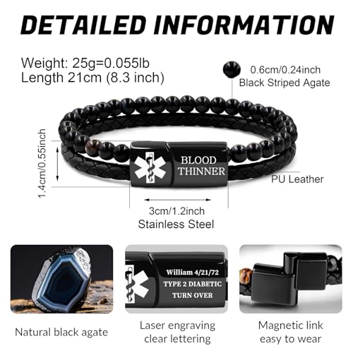 Csutom Medical Alert Bracelets for Men, 8.3" Leather Mens Medical Bracelet Engraved with Medic Info, Medic ID Bracelet for Allergy Autism Diabetic Epilepsy3